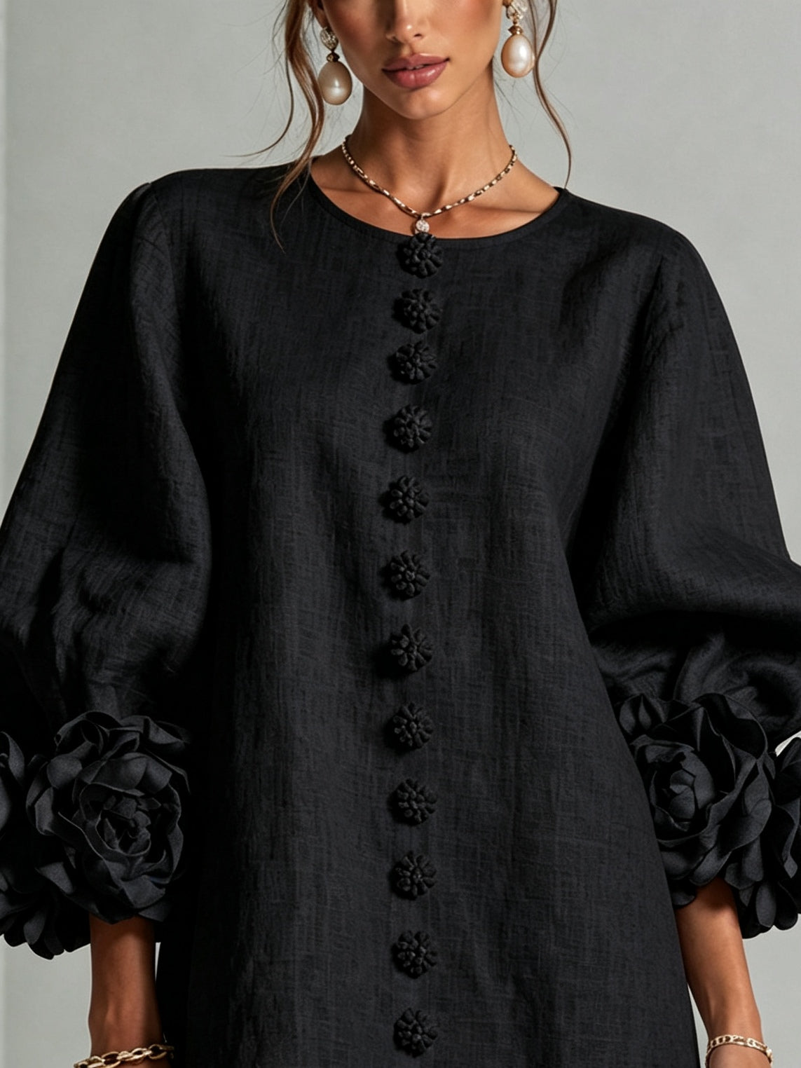 Black Floral Print Button-Up Mini Dress with Sculptural Floral Cuffs
