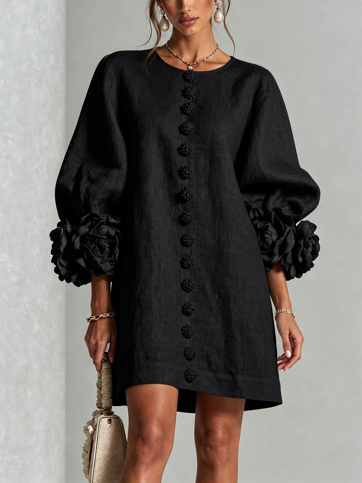 Black Floral Print Button-Up Mini Dress with Sculptural Floral Cuffs