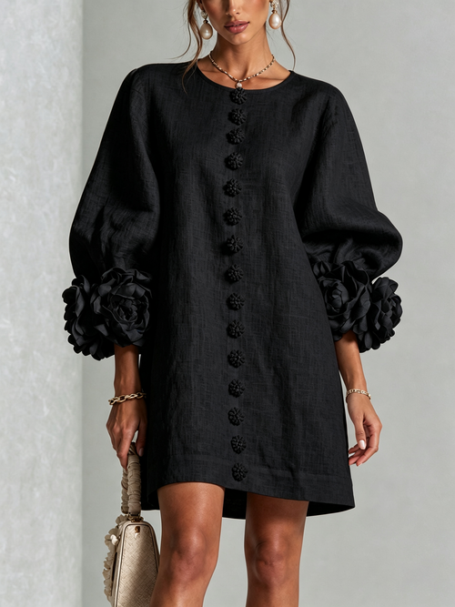 Black Floral Print Button-Up Mini Dress with Sculptural Floral Cuffs