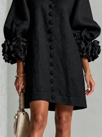 Black Floral Print Button-Up Mini Dress with Sculptural Floral Cuffs