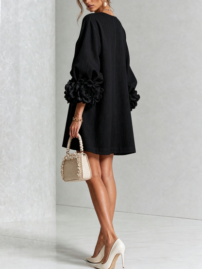 Black Floral Print Button-Up Mini Dress with Sculptural Floral Cuffs
