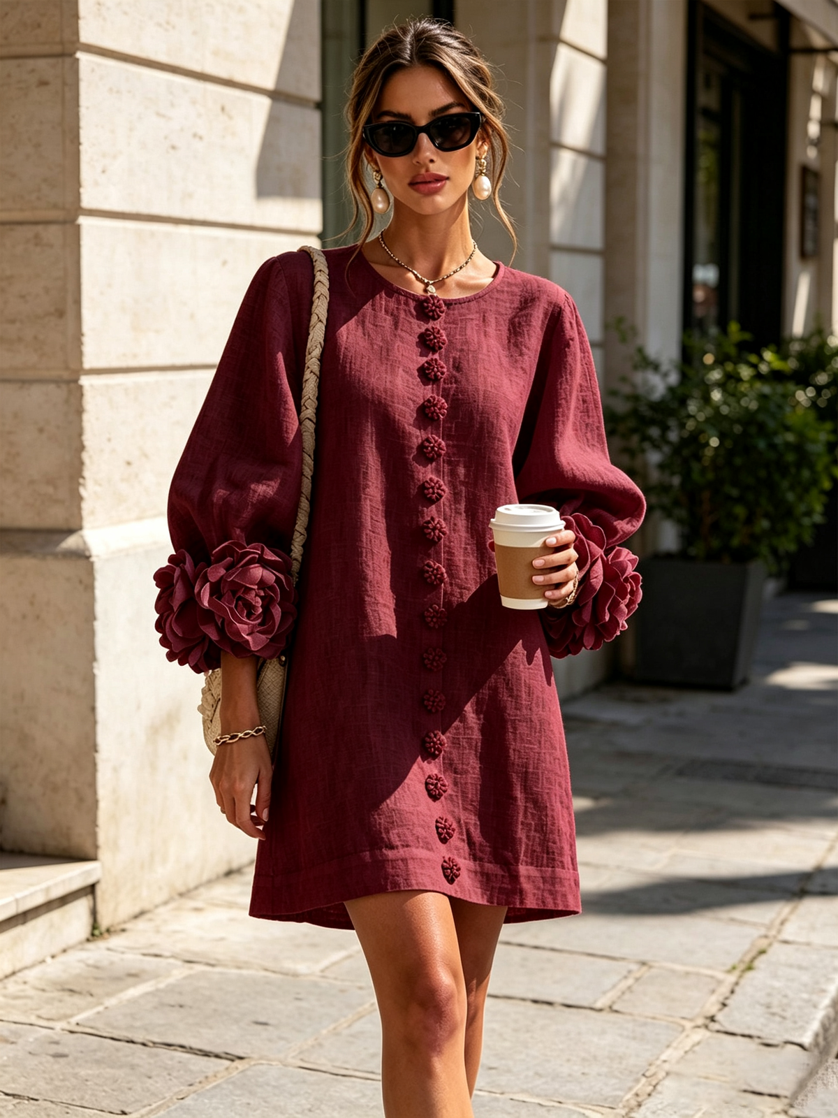 Mini-robe bordeaux boutonnée à motifs floraux et poignets à fleurs sculpturaux