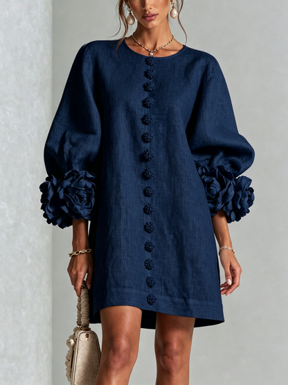 Navy Floral Print Button-Up Mini Dress with Sculptural Floral Cuffs