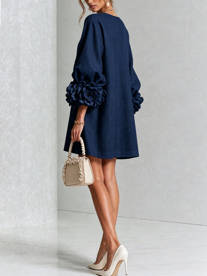 Navy Floral Print Button-Up Mini Dress with Sculptural Floral Cuffs