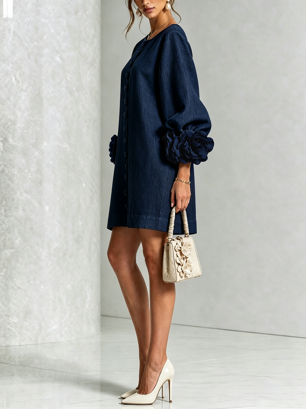 Navy Floral Print Button-Up Mini Dress with Sculptural Floral Cuffs