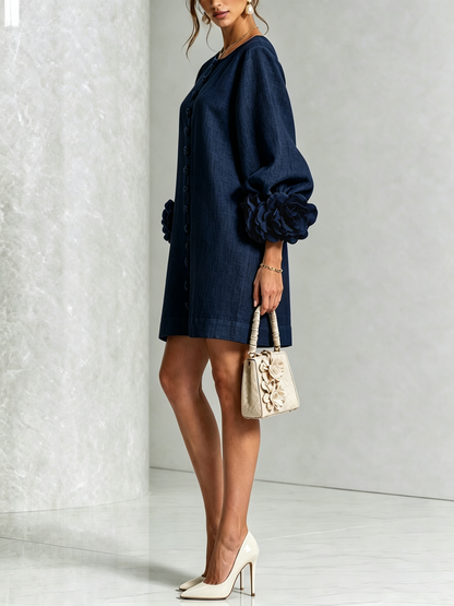 Navy Floral Print Button-Up Mini Dress with Sculptural Floral Cuffs