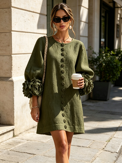 Robe Mini Boutonnée Vert Olive à Motifs Floraux avec Poignets Floraux Sculpturaux