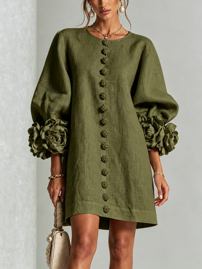 Robe Mini Boutonnée Vert Olive à Motifs Floraux avec Poignets Floraux Sculpturaux