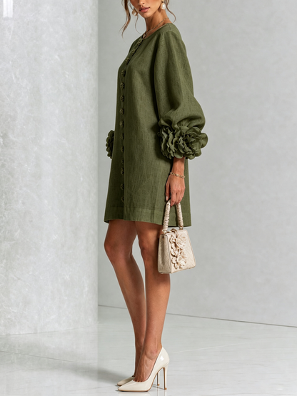 Robe Mini Boutonnée Vert Olive à Motifs Floraux avec Poignets Floraux Sculpturaux