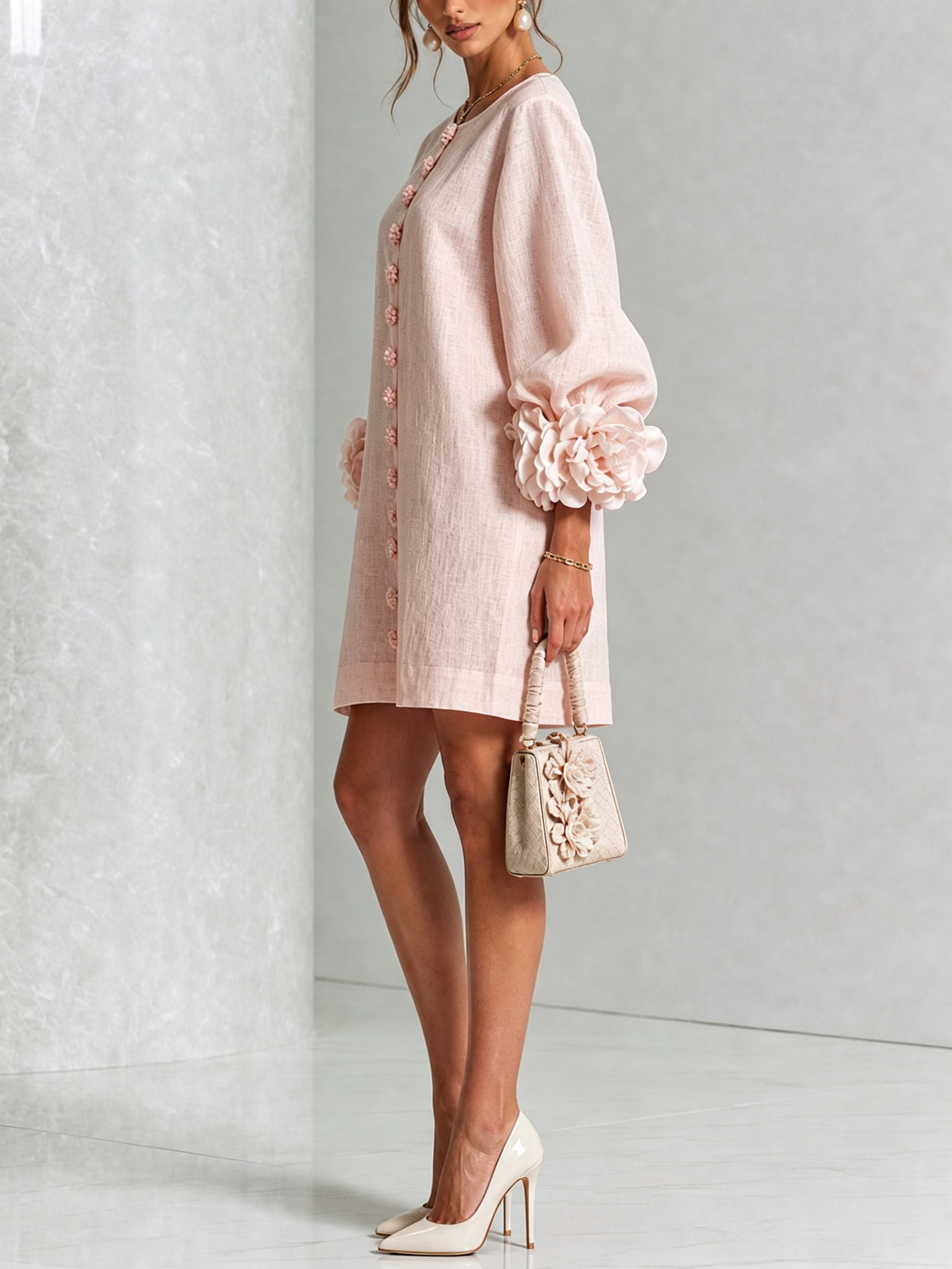 Pink Floral Print Button-Up Mini Dress with Sculptural Floral Cuffs