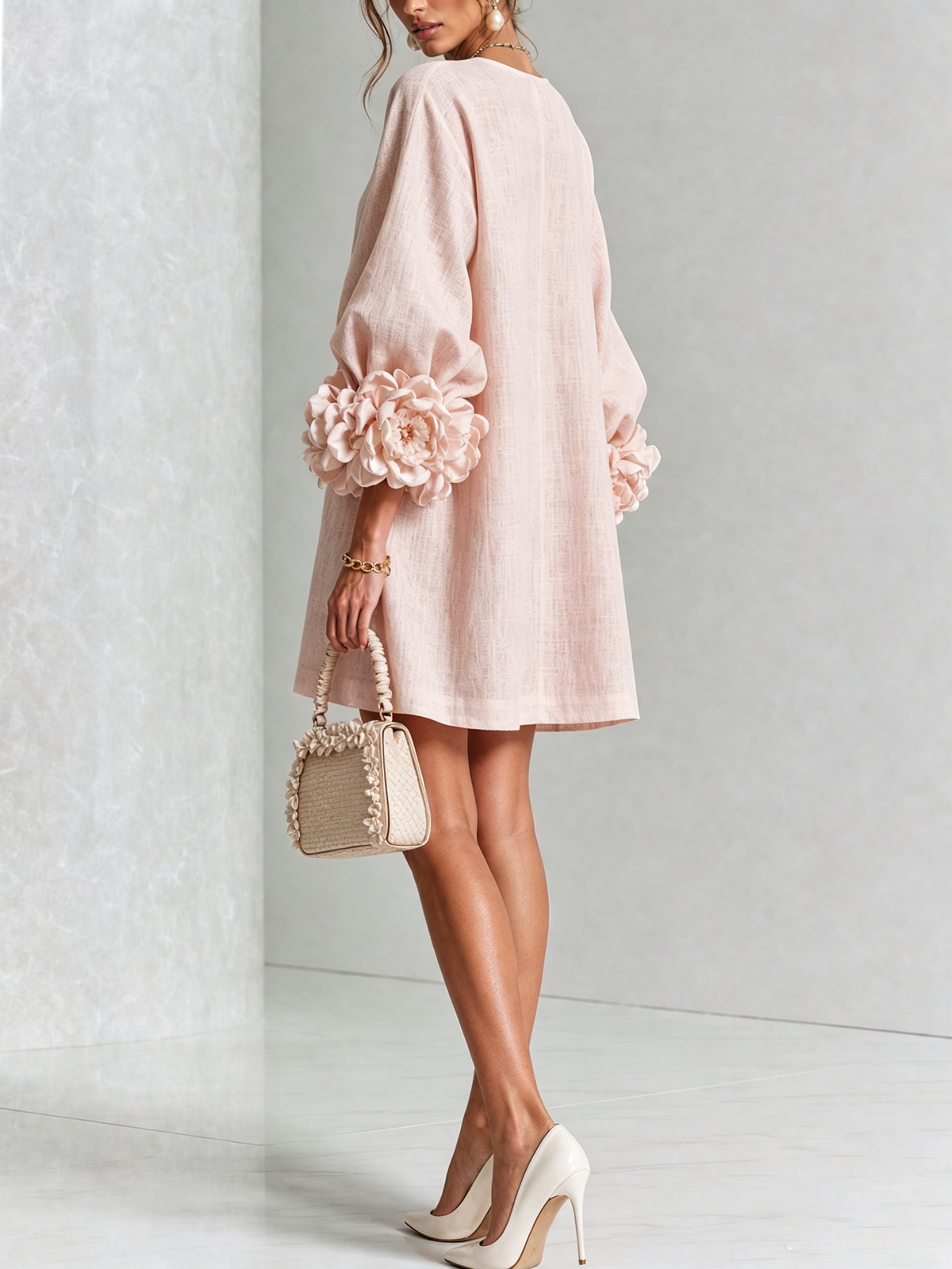 Pink Floral Print Button-Up Mini Dress with Sculptural Floral Cuffs