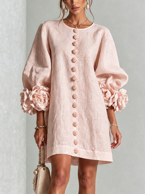 Pink Floral Print Button-Up Mini Dress with Sculptural Floral Cuffs