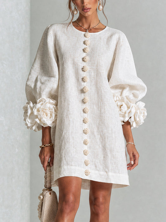 White Floral Print Buttoned Mini Dress with Sculptural Floral Cuffs