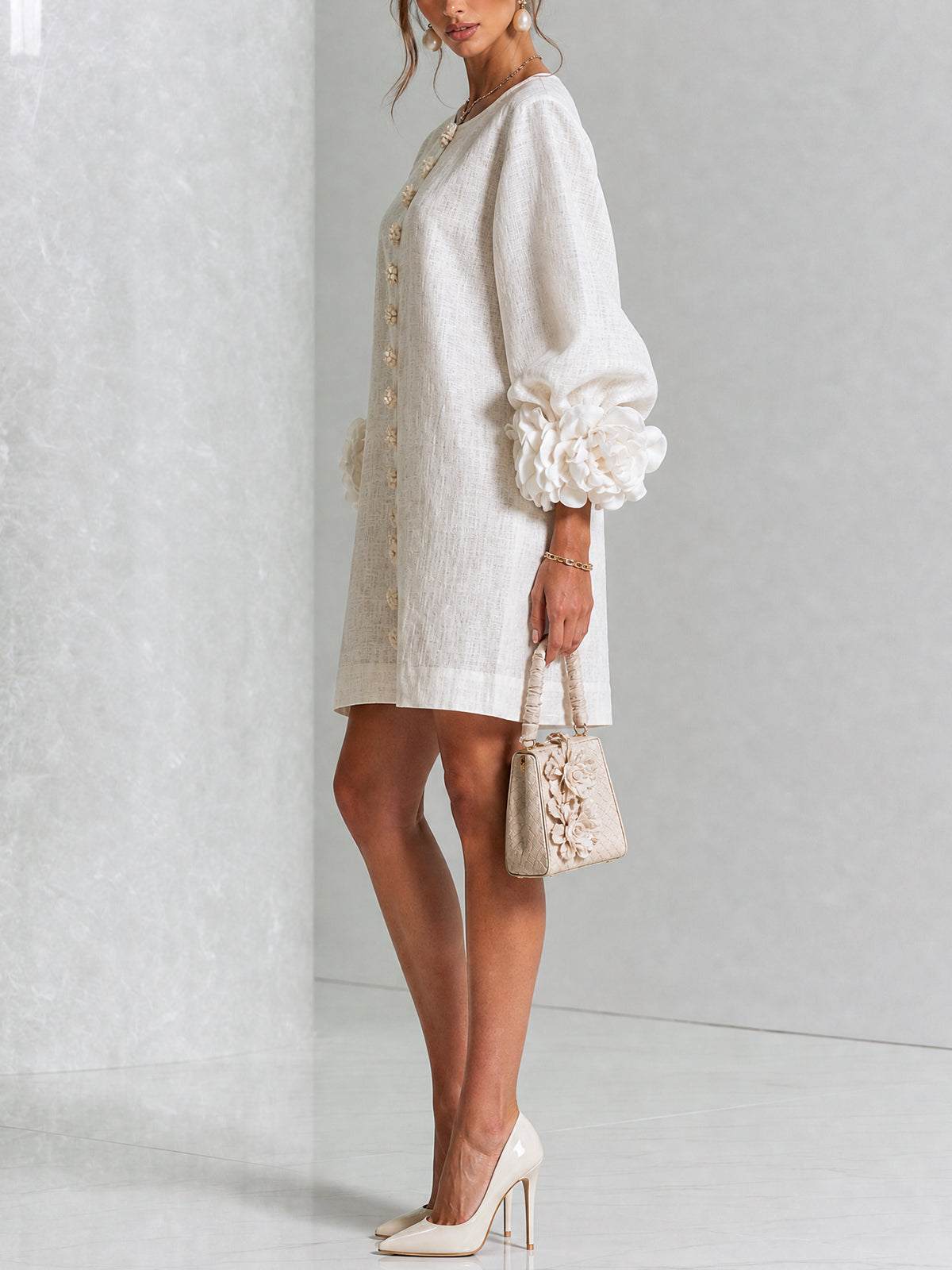 White Floral Print Buttoned Mini Dress with Sculptural Floral Cuffs