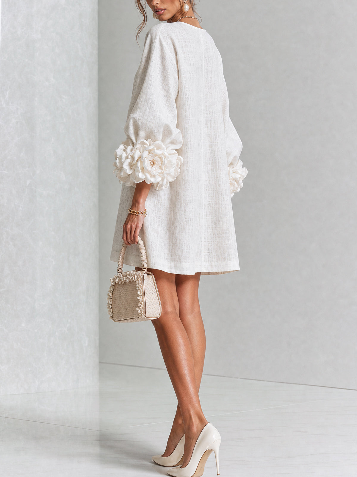 White Floral Print Buttoned Mini Dress with Sculptural Floral Cuffs
