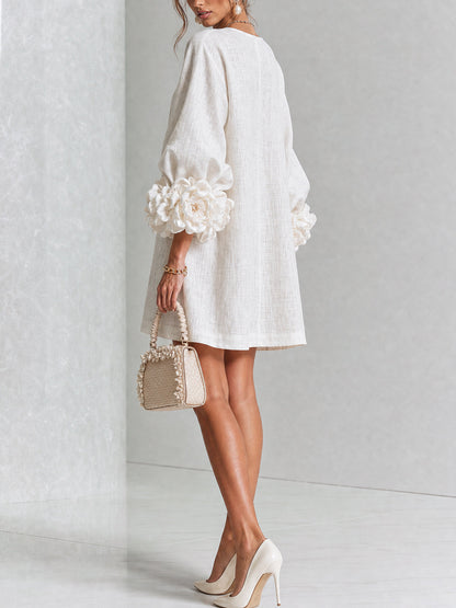 White Floral Print Buttoned Mini Dress with Sculptural Floral Cuffs