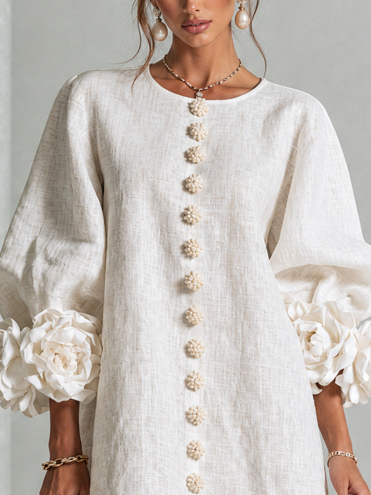 White Floral Print Buttoned Mini Dress with Sculptural Floral Cuffs