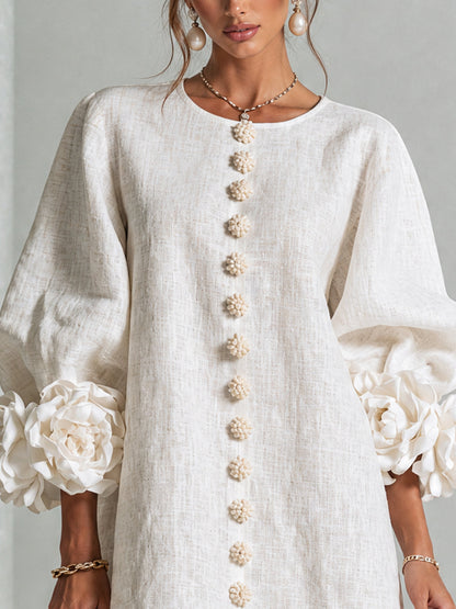 White Floral Print Buttoned Mini Dress with Sculptural Floral Cuffs