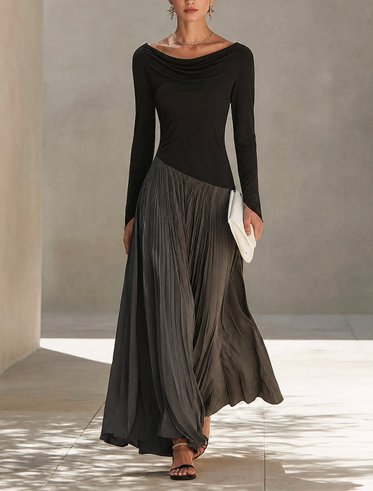 Robe longue plissée bicolore noire et grise en patchwork avec décolleté drapé