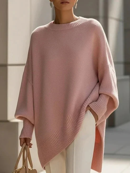 Women’s Solid Beige Asymmetric Batwing Sleeve Knit Poncho Sweater - Pink / XS