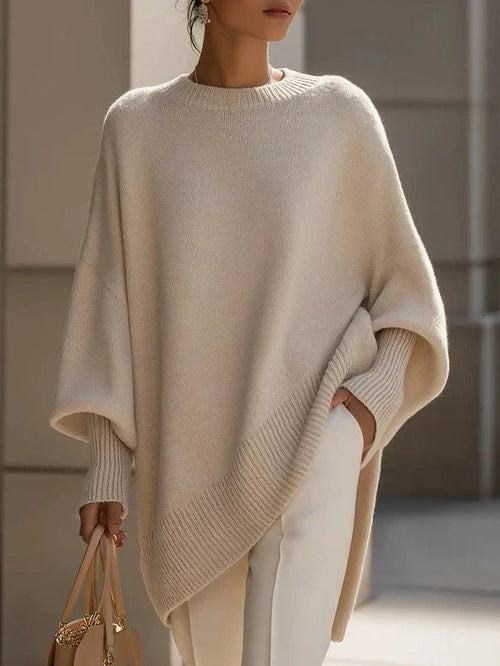Women’s Solid Beige Asymmetric Batwing Sleeve Knit Poncho Sweater - Apricot / XS