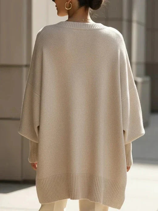 Women’s Solid Beige Asymmetric Batwing Sleeve Knit Poncho Sweater