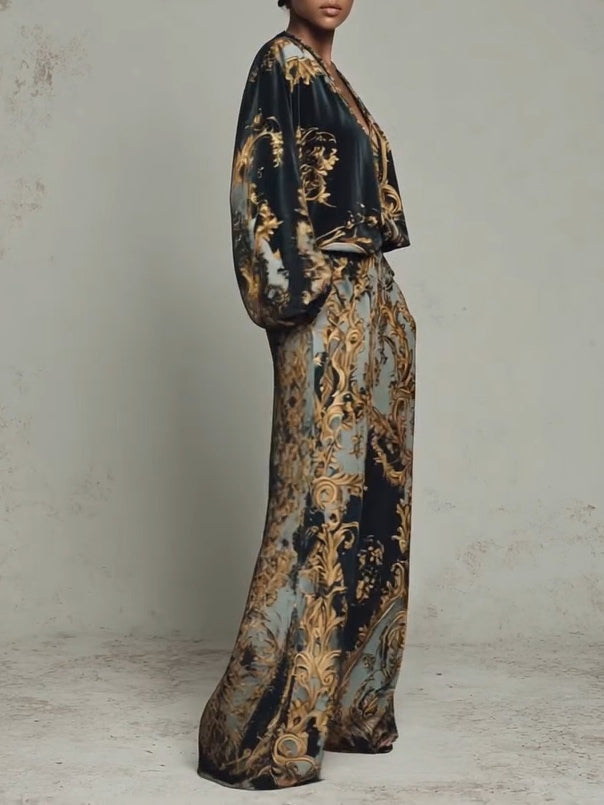 Ensemble décontracté composé d'un haut à imprimé floral baroque orné et d'un pantalon à jambes larges