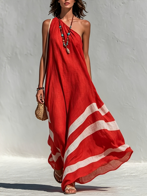 Robe longue ample asymétrique en coton-lin color block, style vacances pour femme