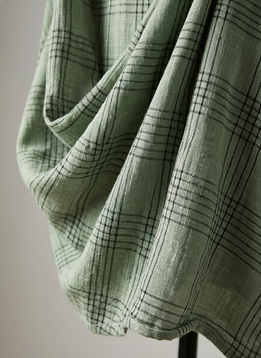 Robe Mi-Longue Femme Rétro Décontractée en Coton et Lin à Imprimé Carreaux et Manches Longues
