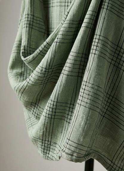 Robe Mi-Longue Femme Rétro Décontractée en Coton et Lin à Imprimé Carreaux et Manches Longues