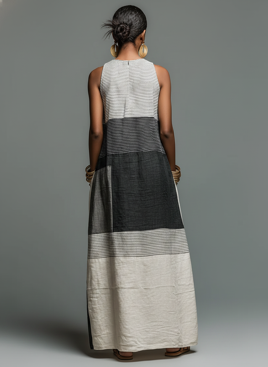 Robe longue sans manches en lin mélangé à rayures color block avec poches pour femme