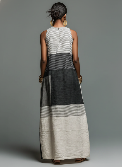 Robe longue sans manches en lin mélangé à rayures color block avec poches pour femme