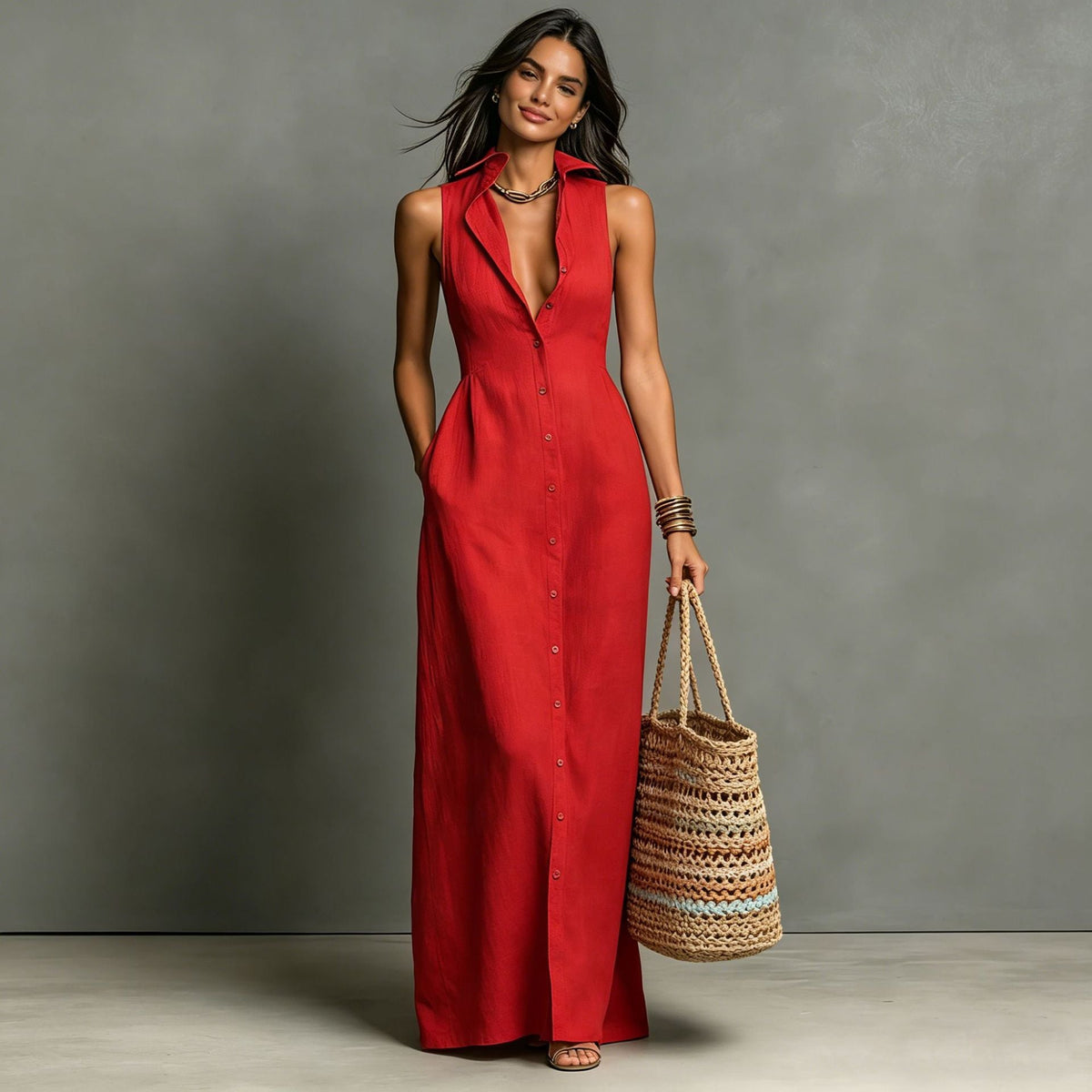 Robe chemise longue sans manches croisée et col en lin mélangé minimaliste pour femme