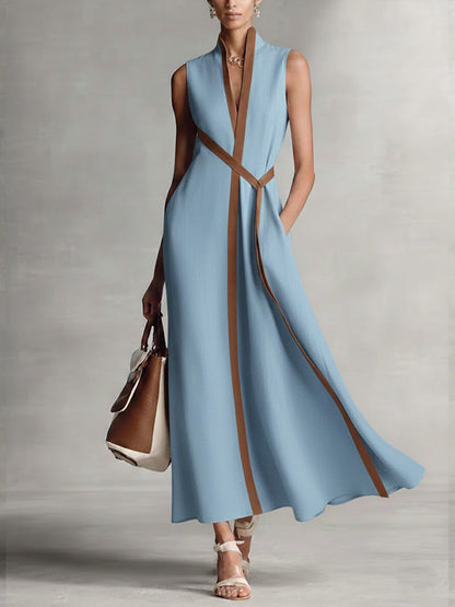 Robe décontractée sans manches ample en coton et lin à col montant pour femme