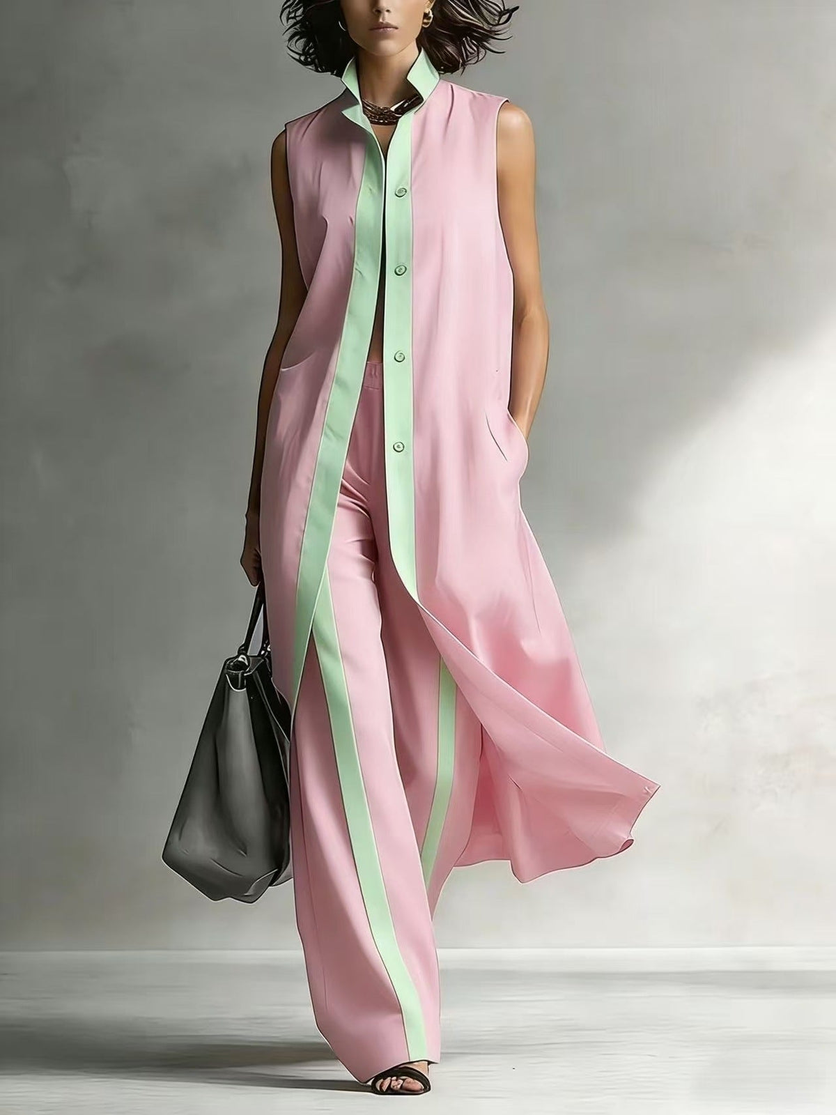 Ensemble Tunique sans Manches Contraste et Pantalon Large Jambe Sophistication Moderne, Style Ajusté Sans Effort