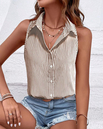 Sleeveless striped collared tank top