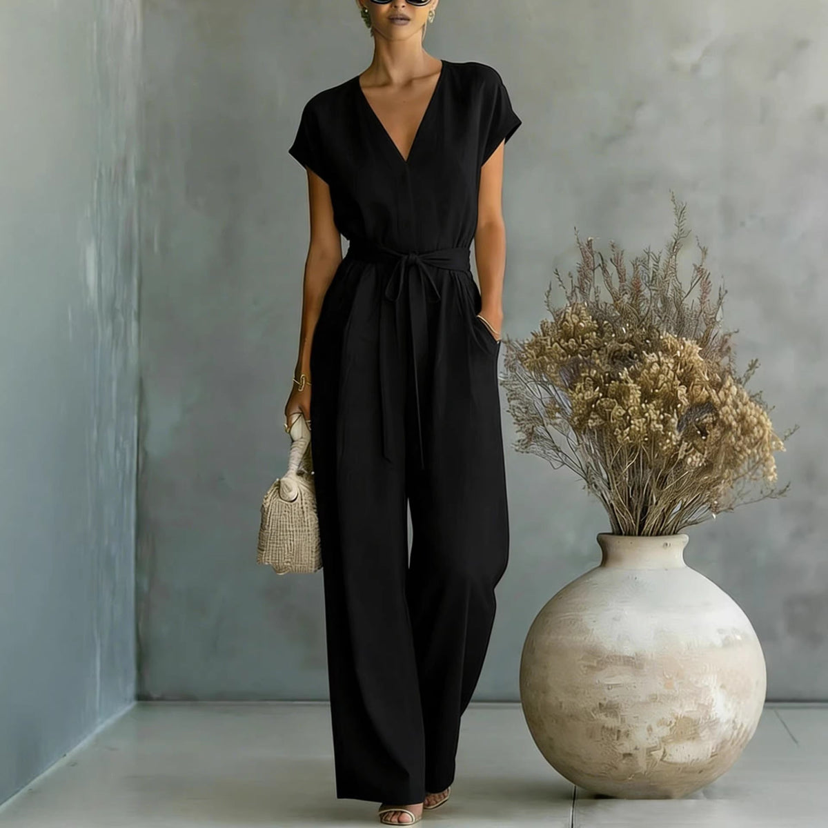 Combinaison élégante col en V avec ceinture pour femme - Tenue une pièce chic et décontractée pour le quotidien et les occasions spéciales
