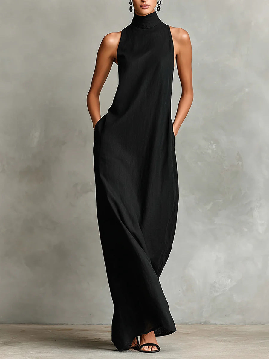 Robe longue sans manches en lin à col montant