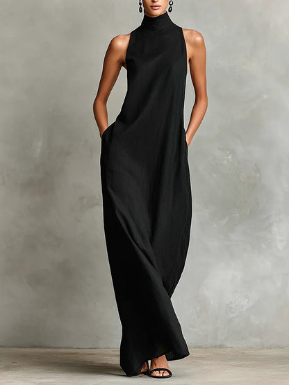 Robe longue sans manches en lin à col montant