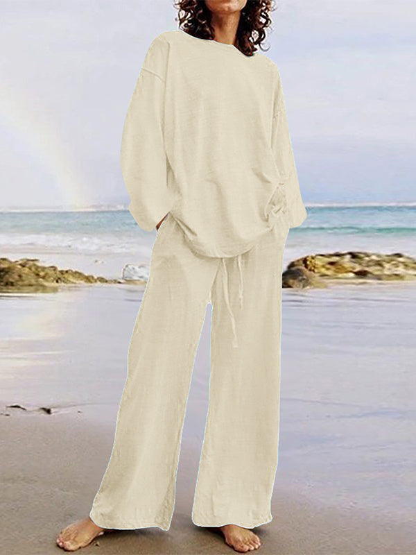 Ensemble deux pièces : haut chemise ample à manches longues et col rond de couleur unie + pantalon taille avec cordon de serrage