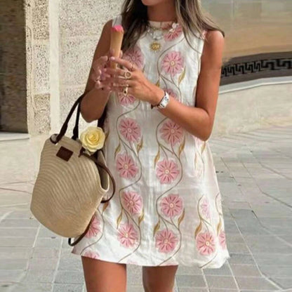 Elegant women's summer mini dress, round neck sleeveless, loose fit, floral print, bohemian-chic style, perfect for holidays and and evenings