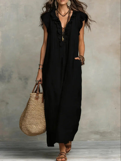 Robe longue bohème en lin à volants et col en V