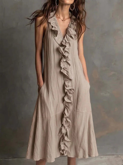 🌿 Robe midi sans manches à col en V volanté