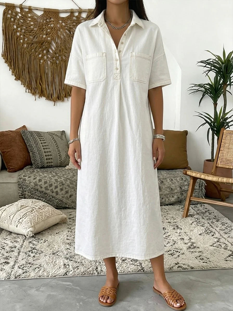Robe en jean décontractée à manches courtes et col polo