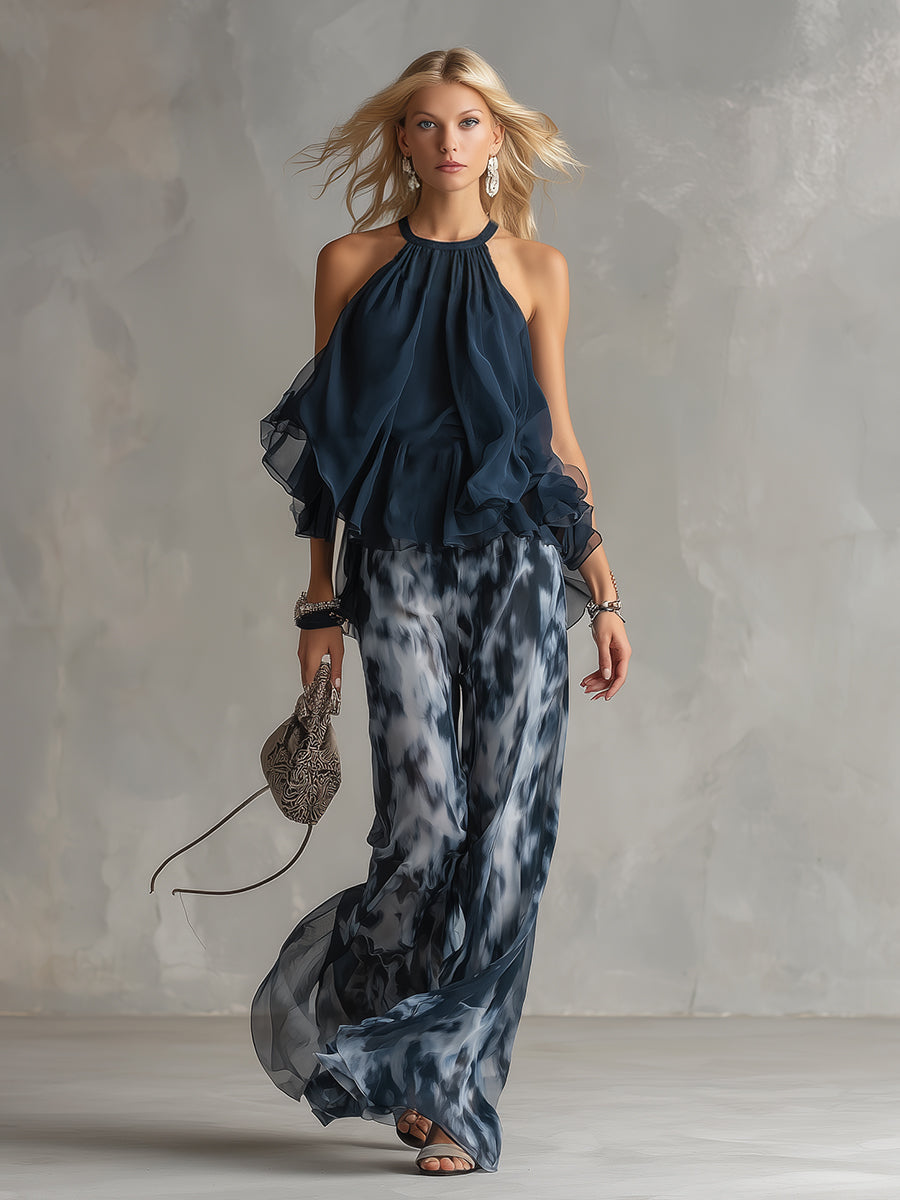 Muslin Set: Urban Chic Navy Halter Top with Wide-Leg Printed Pants
