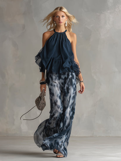 Muslin Set: Urban Chic Navy Halter Top with Wide-Leg Printed Pants