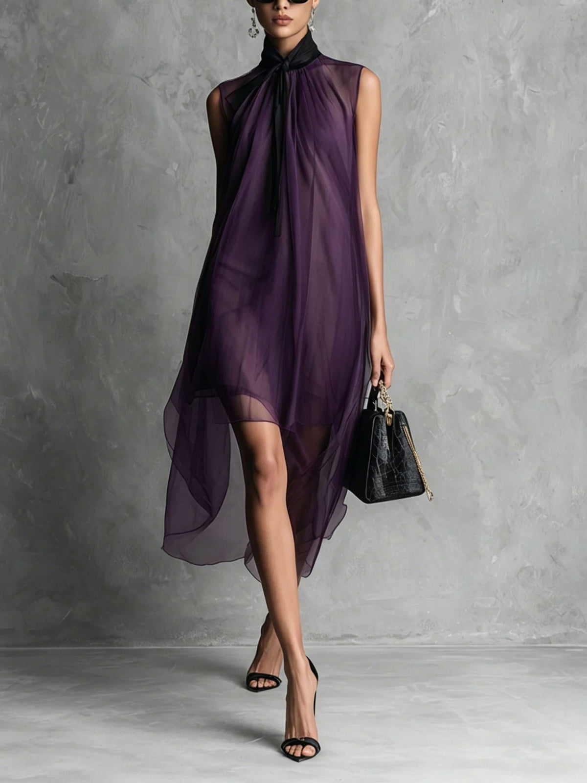 Robe midi asymétrique sans manches en maille transparente avec col à nouer