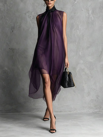 Robe midi asymétrique sans manches en maille transparente avec col à nouer
