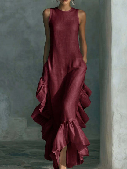 Longue robe maxi sans manches en lin à volants