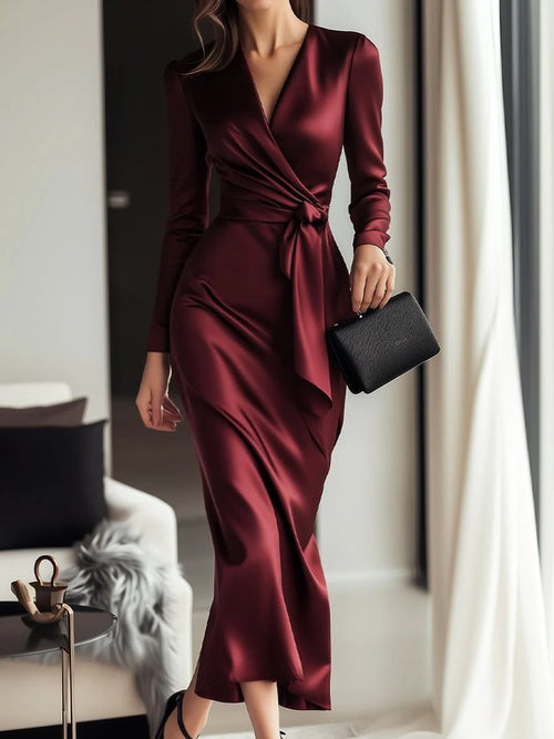 Elegant plain crossover collar midi dress with belt